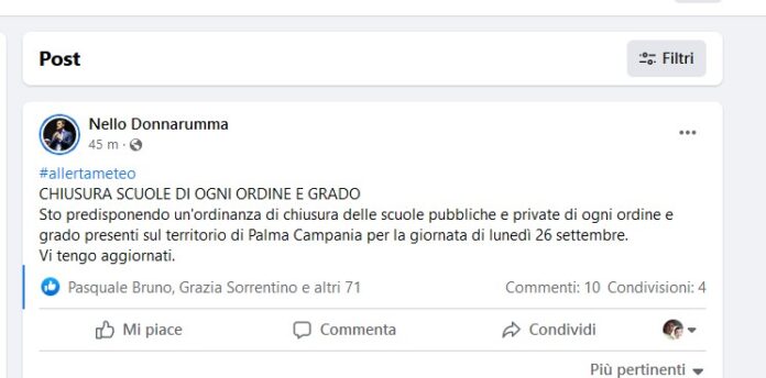 Palma Campania: domani 26 settembre scuole chiuse per allerta meteo
