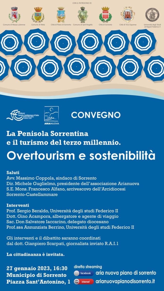 Overtourism e sostenibilità, un convegno a Sorrento venerdì 27 gennaio, ore 16.30 al Palazzo Municipale di Sorrento 