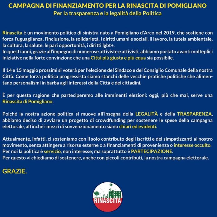 Pomigliano d’Arco: avviata la campagna di crowdfunding di Rinascita  