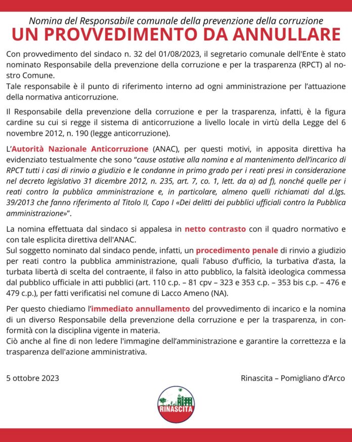 Pomigliano d’Arco: “Un provvedimento da annullare”. Rinascita chiede il ritiro della nomina del segretario comunale a Responsabile della prevenzione della corruzione e per la trasparenza